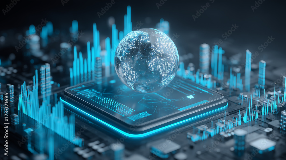 A smartphone platform displaying analytics with a miniature digital globe, representing mobile data intelligence and the concept of real time insights for global markets and connected devices.