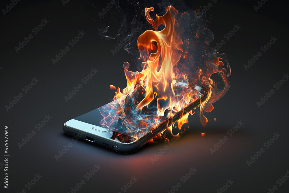 Phone on fire, exploding, illustration generative ai