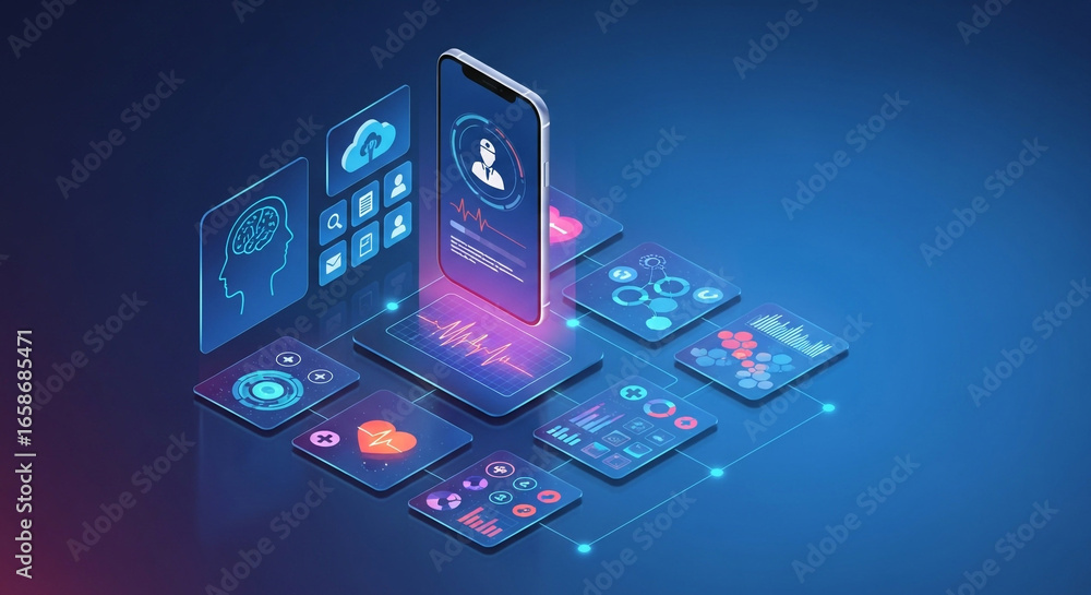 Smart technology mobile app interface with futuristic digital data and ai concept