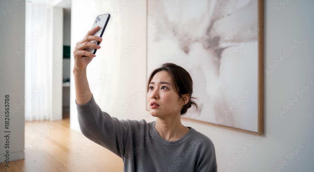 Young Asian woman holding smartphone up searching for signal in modern home hallway. Frustrated female checking weak Wi-Fi connection or mobile network reception